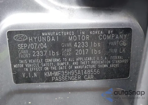 2005 Hyundai Sonata Gls/Lx из США, поврежденный, VIN KMHWF35H95A148556